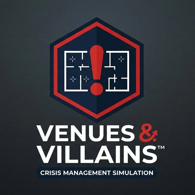 Logo for Venues & Villains: Crisis Management Simulation, featuring an exclamation mark over a floor plan inside a red and blue hexagon