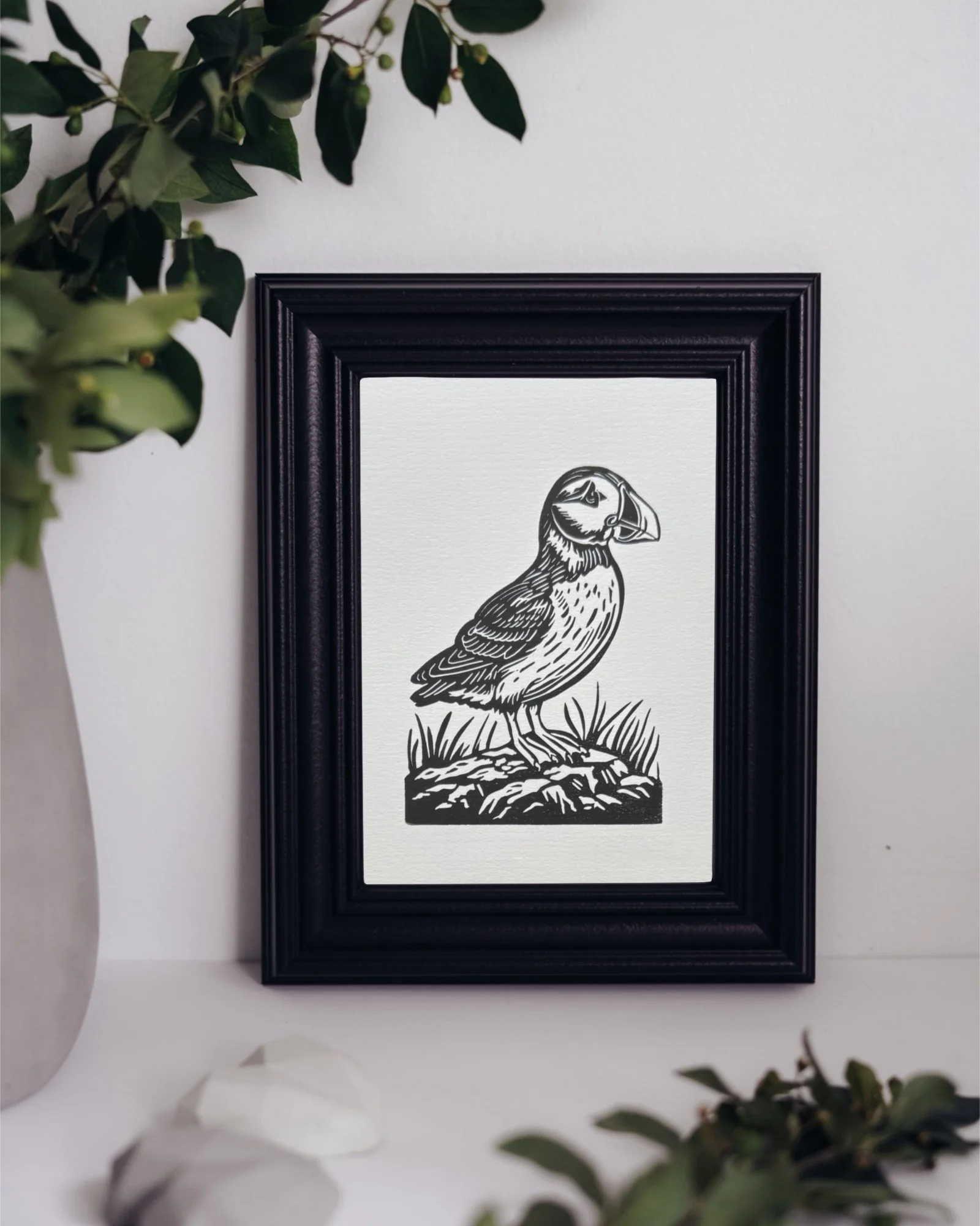 Cliffside Puffin Linocut Print