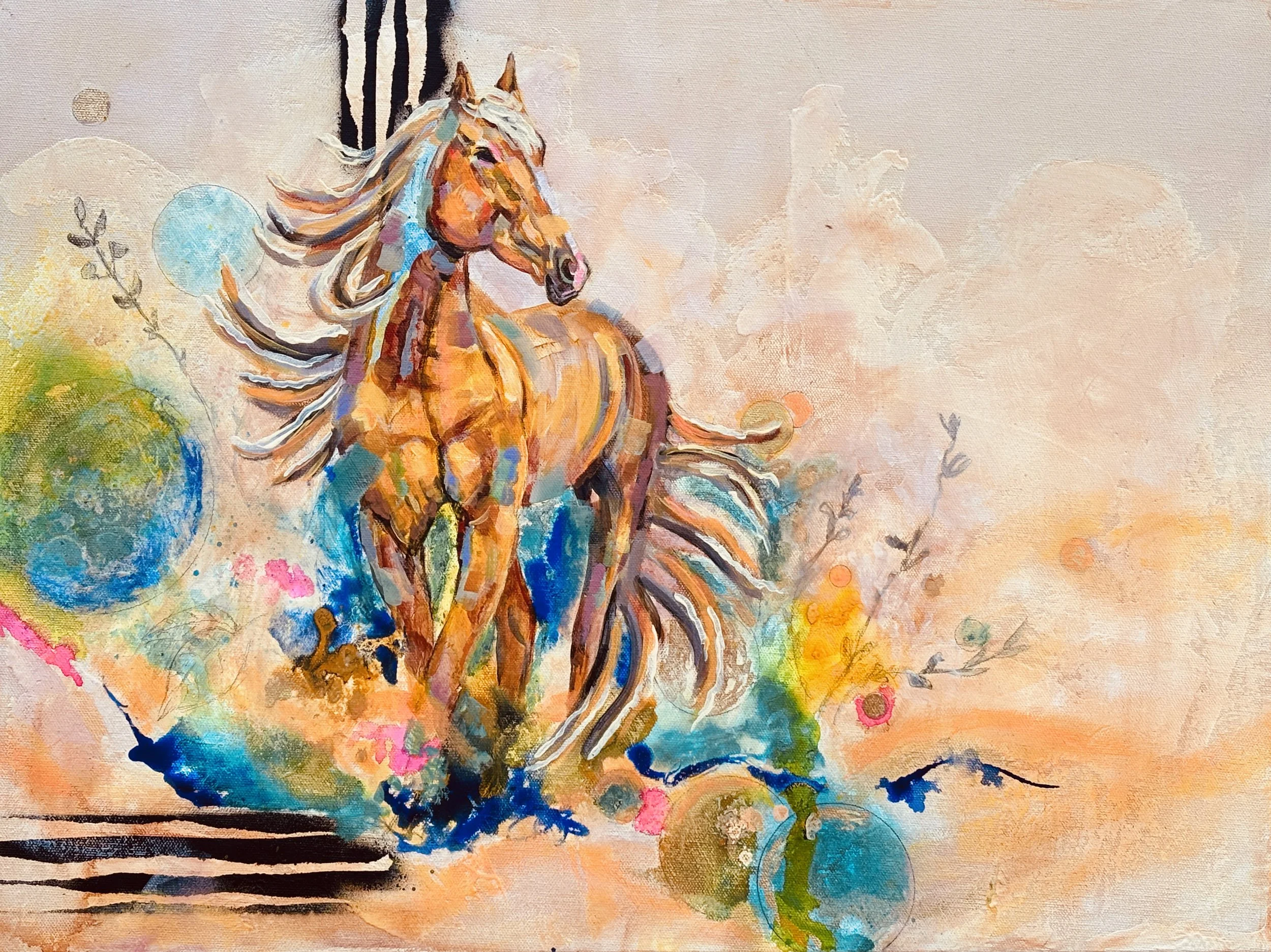 Colorful abstract painting of a white horse with flowing mane, set against a pastel background with circular patterns and brushstrokes.
