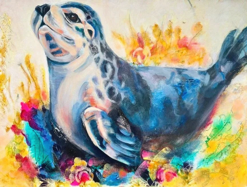 Colorful abstract painting of a sloth.