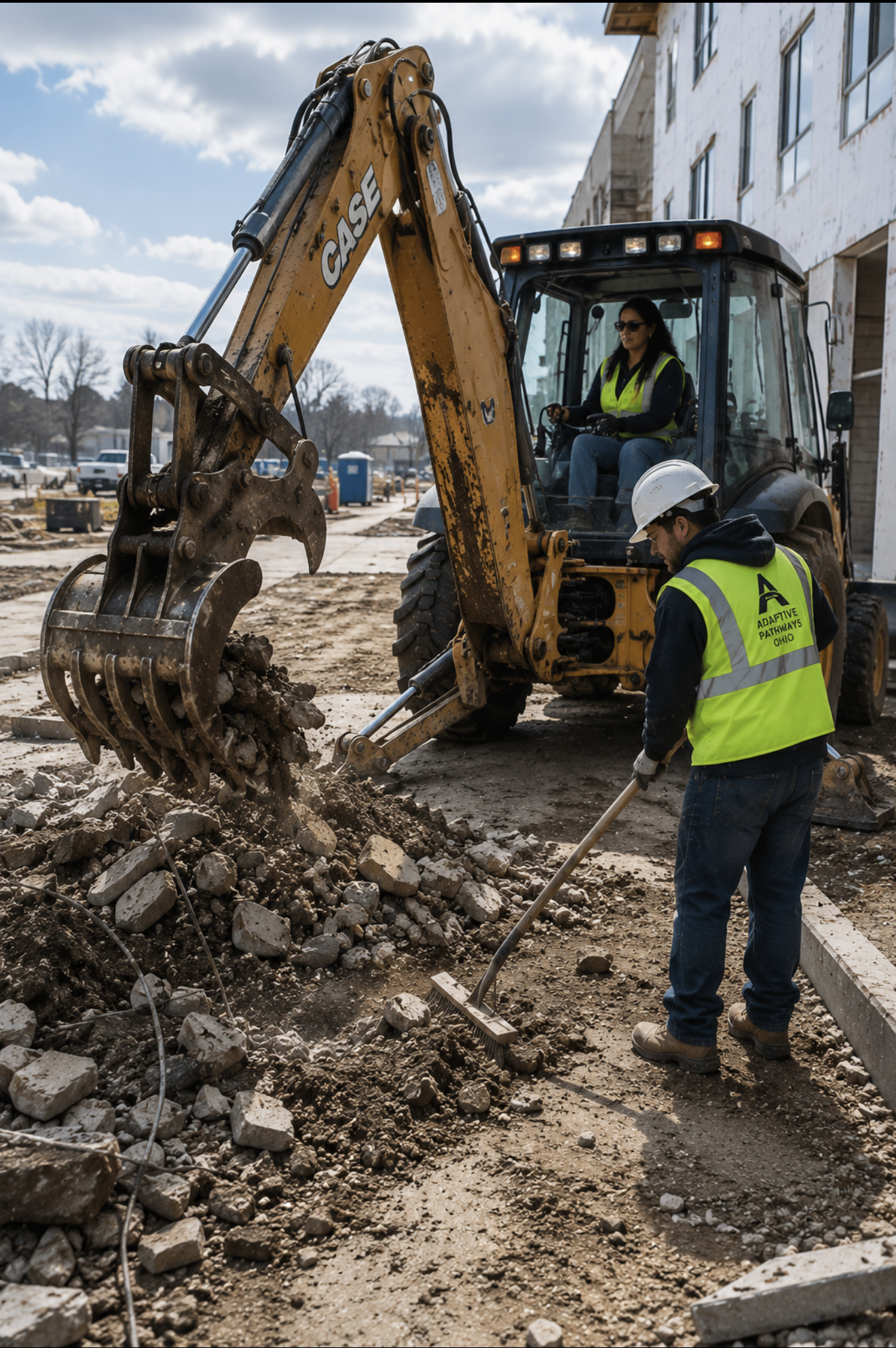 Construction workers are working on a site, with one operating a yellow CASE backhoe loader and another shoveling dirt, in front of a partially built building on a cloudy day.
