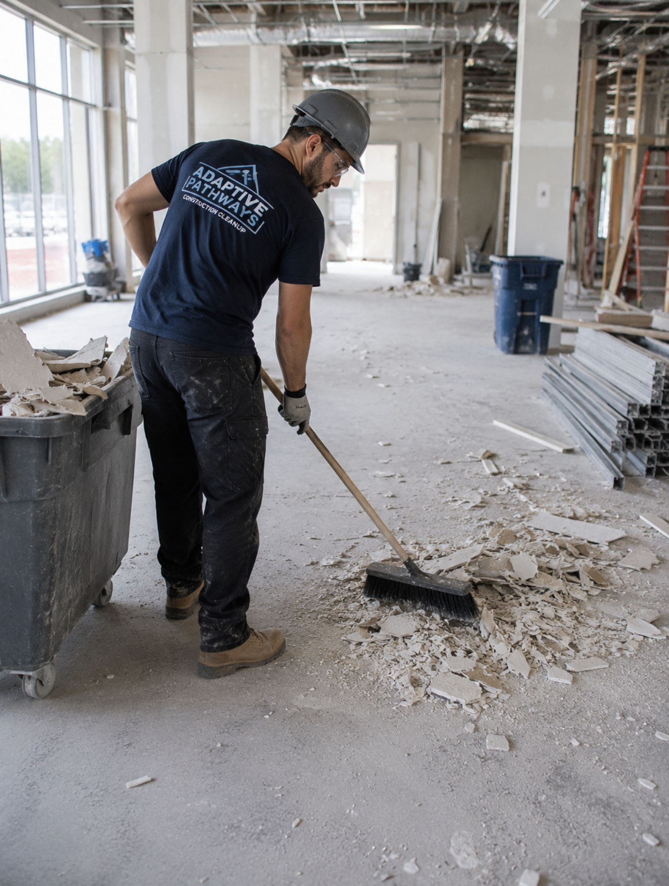 A construction worker wearing a gray helmet and black T-shirt sweeping debris inside a building under renovation.