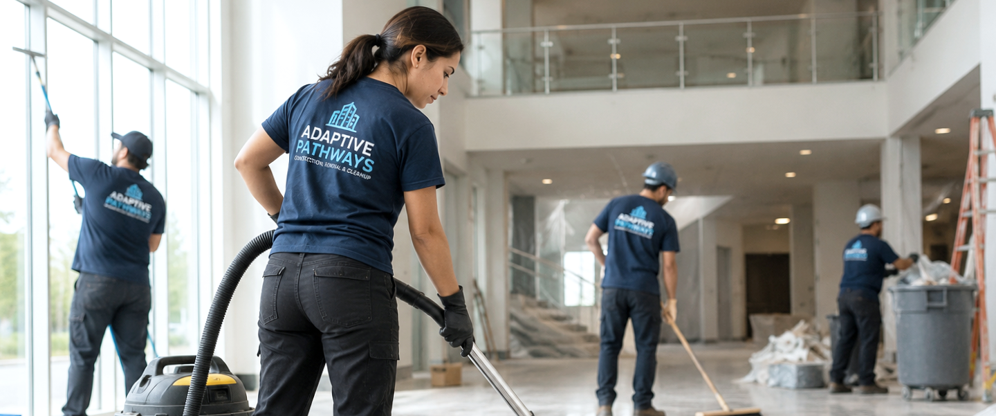 Four workers in blue shirts cleaning an indoor space, with large windows and modern architecture.