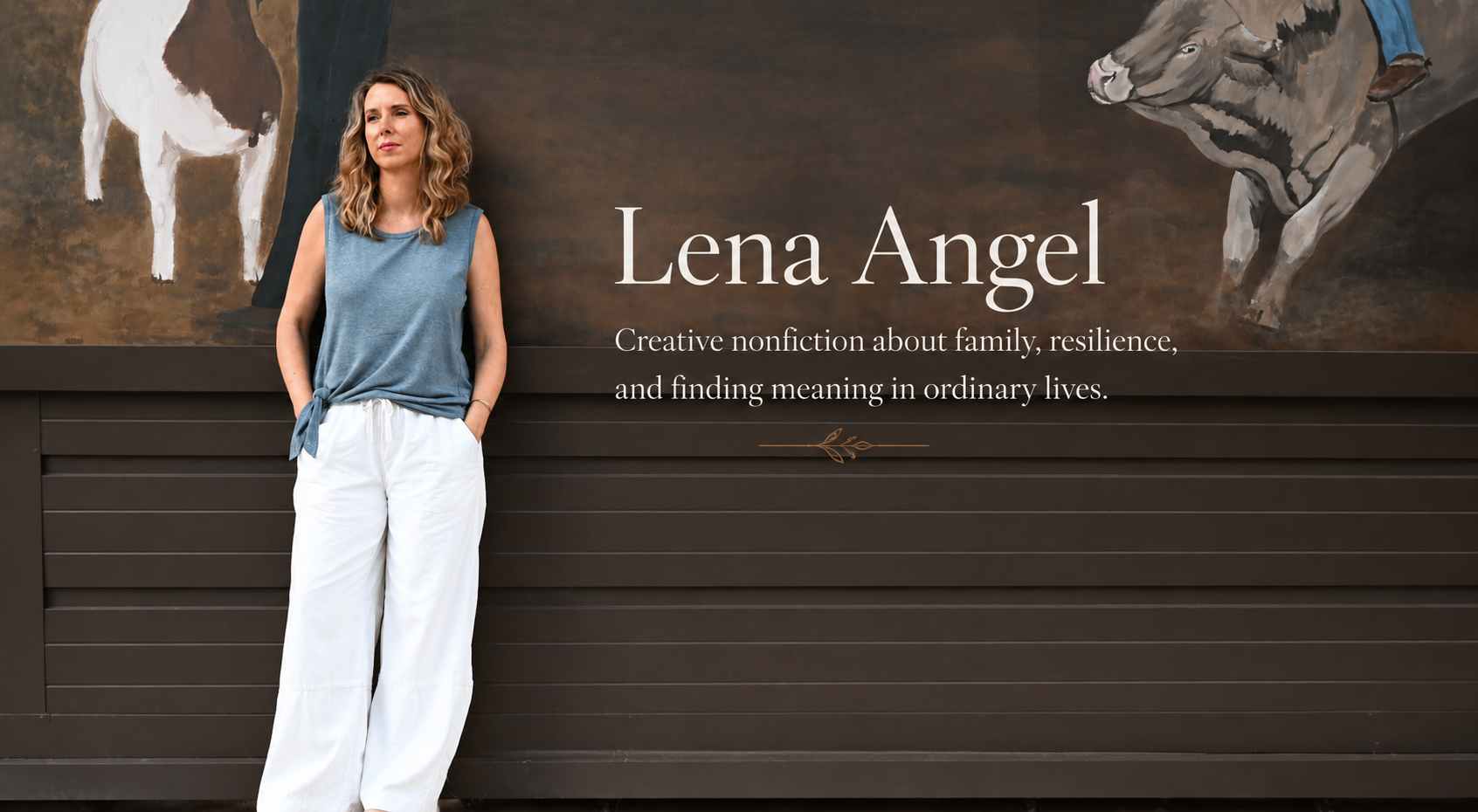 Woman standing in front of a sign with her name, Lena Angel, and a description about her creative nonfiction work related to family, resilience, and finding meaning in everyday life, with painted animal images in the background.