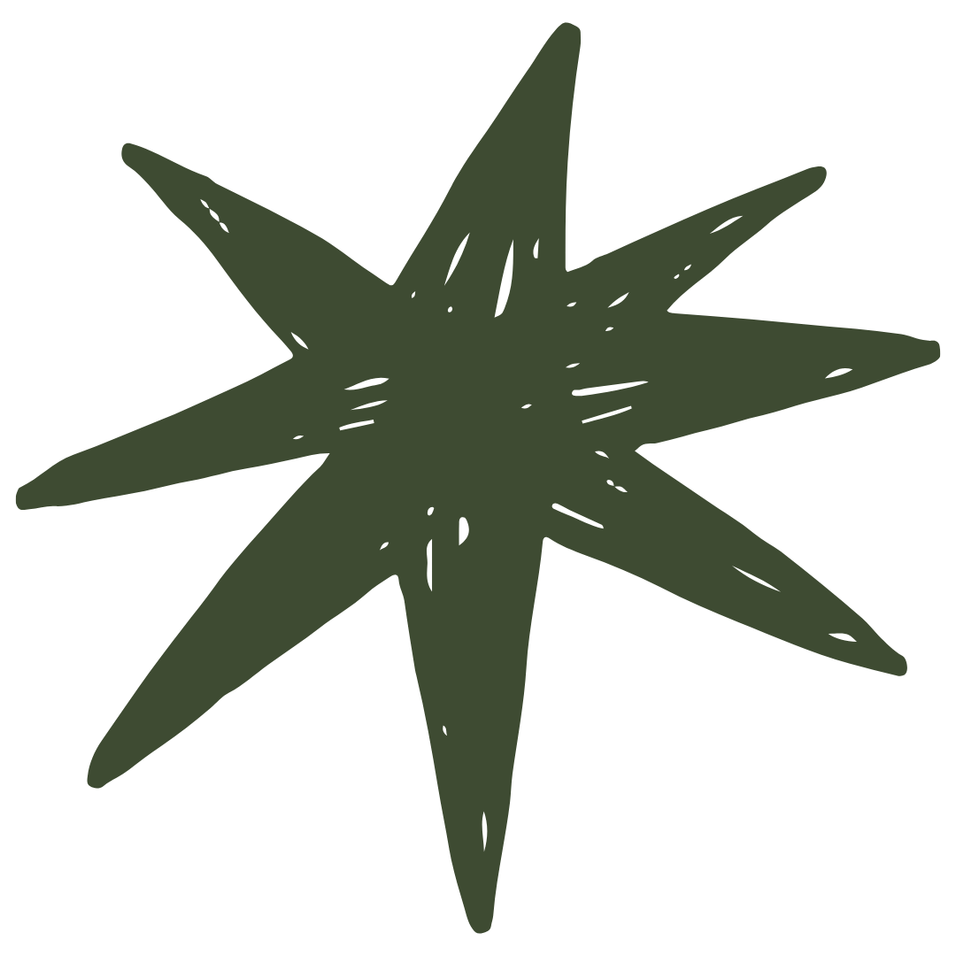 A simplified, stylized illustration of a starfish in dark green color with eight arms extending outward.