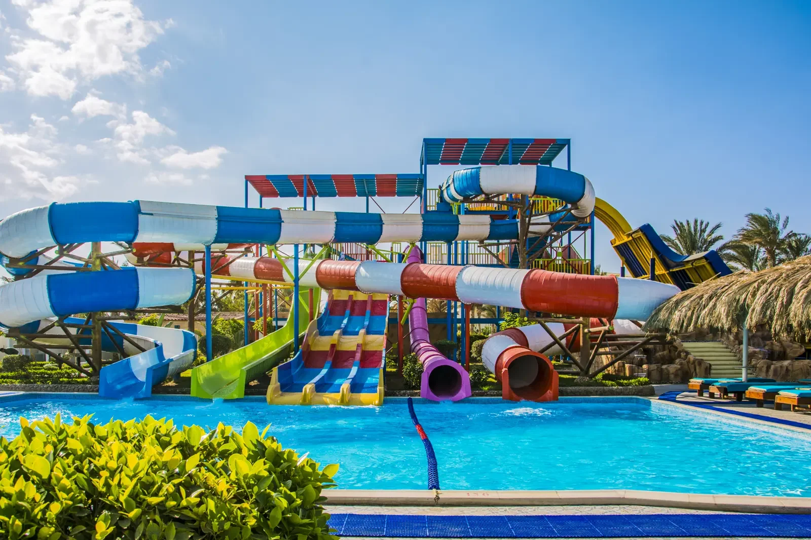 Een kleurrijk waterpark met waterglijbanen en een zwembad onder een heldere blauwe hemel, met palmbomen en datakouri's op de achtergrond.