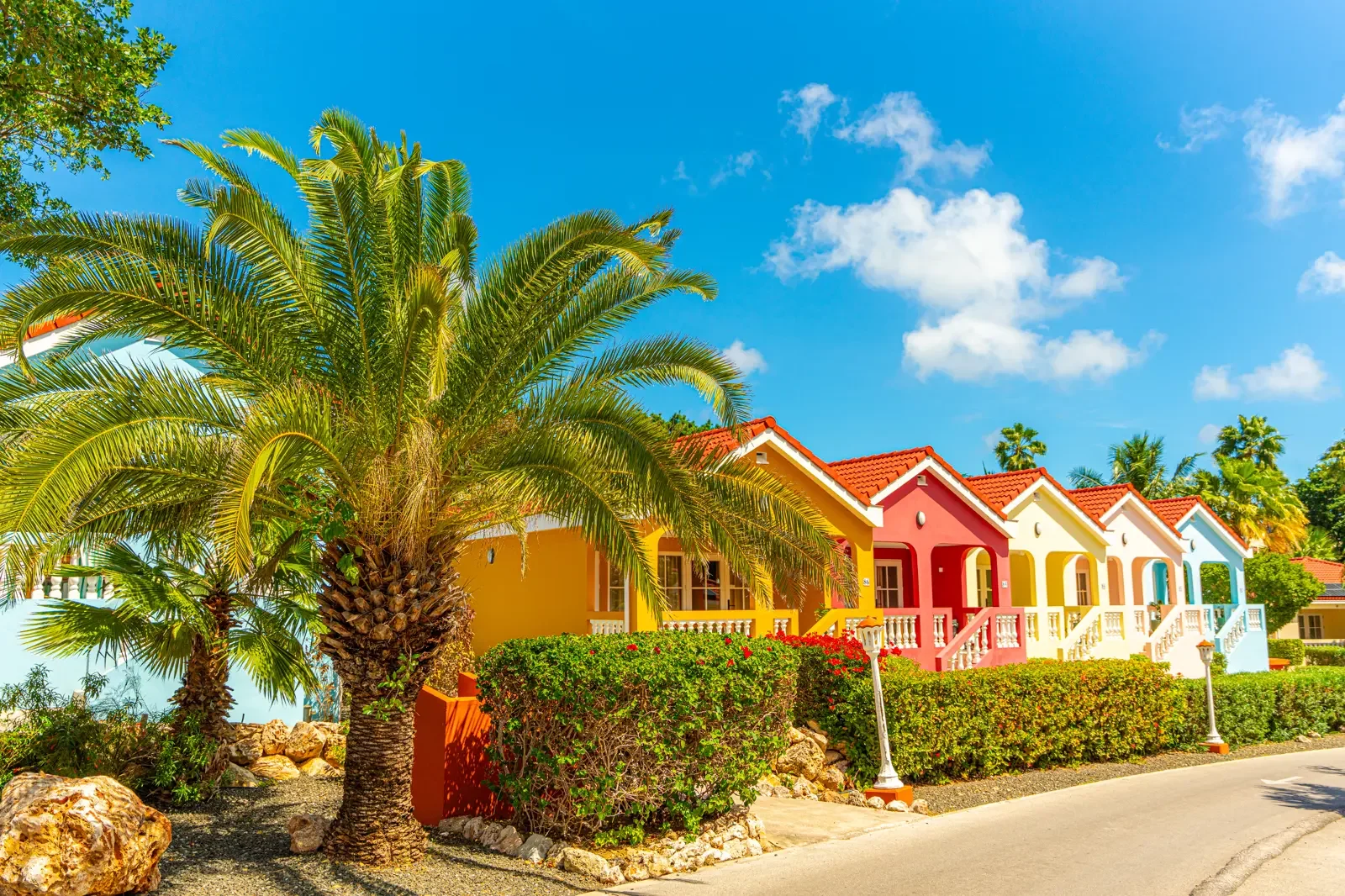 Kleurrijke huisjes met rood, geel, roze en blauwe gevels, omringd door palm bomen en groene struiken onder een blauwe hemel met enkele witte wolken.