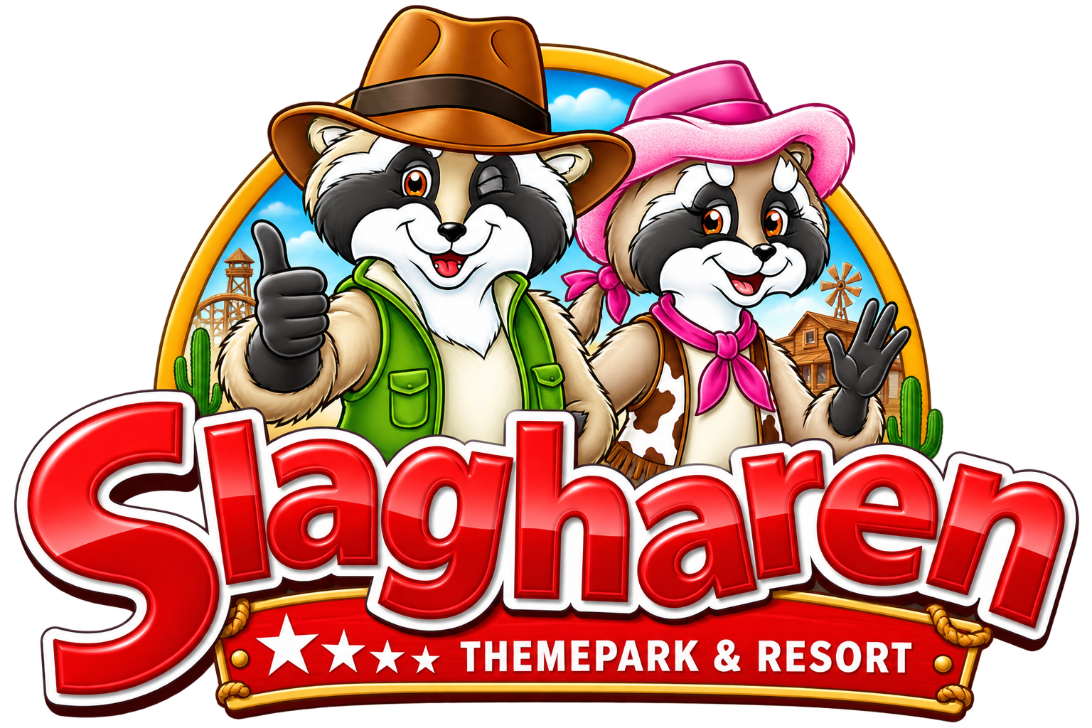 Logo van Slagharen themapark en resort met twee anthropomorfe wasberen in cowboy- en cowgirl-outfits, met achtergrond van een westernlandschap en de tekst 'Slagharen THEM park & RESORT' in rood.