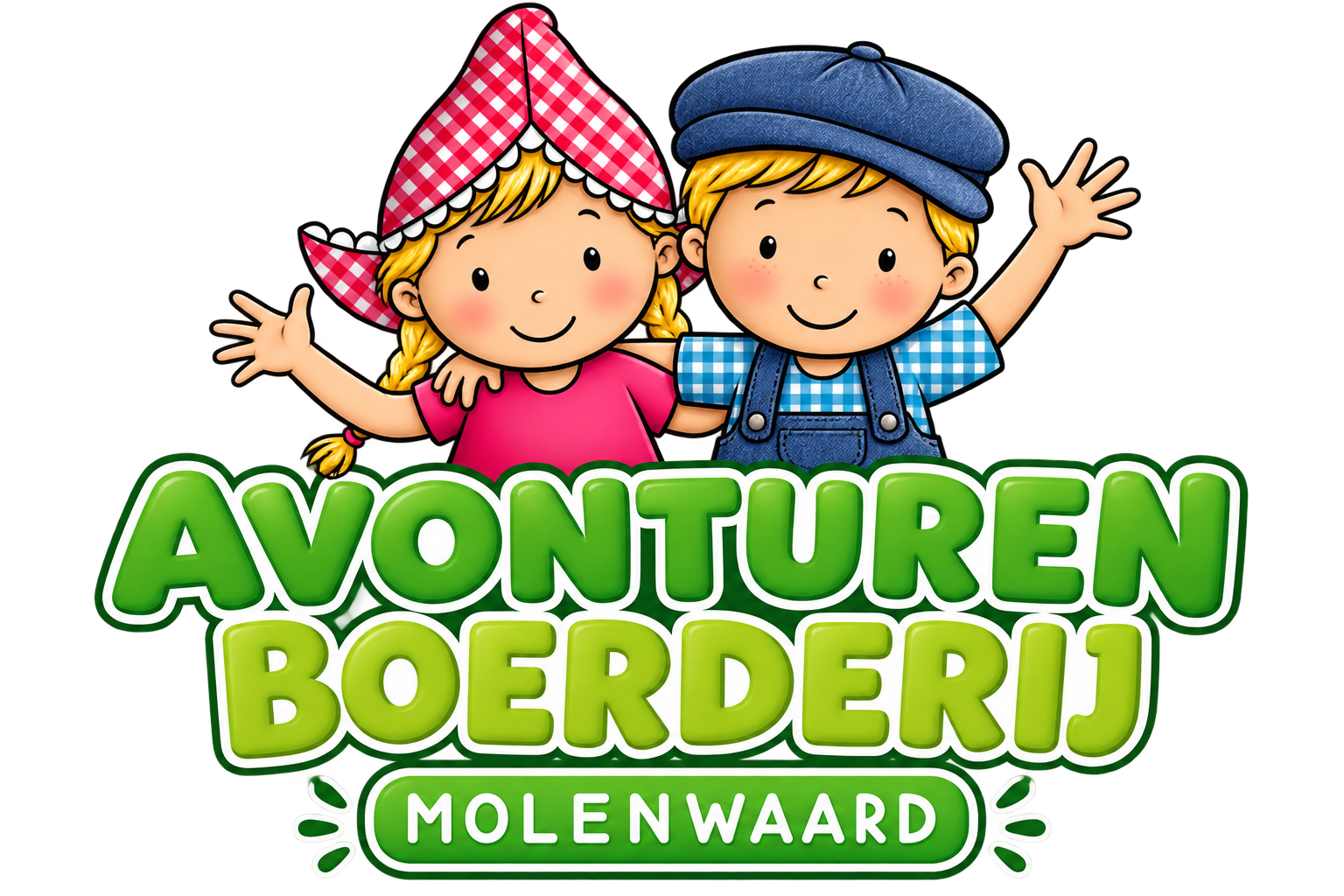 Een kleurrijke illustratie van twee jonge kinderen, een meisje met een rood-wit geruite hoed en een jongen met een blauwe pet, die samen lachen en elkaar vasthouden. Onderin de afbeelding staat de tekst 'Avonturen Boerderij Molenwaard' in grote, groene letters.