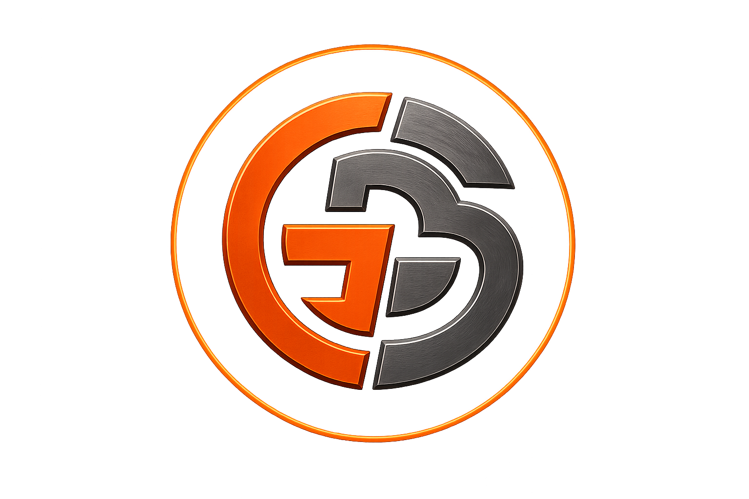 3D logo with a circular design, featuring a large orange and gray 'G' intertwined with a black 'G', surrounded by an orange glow.