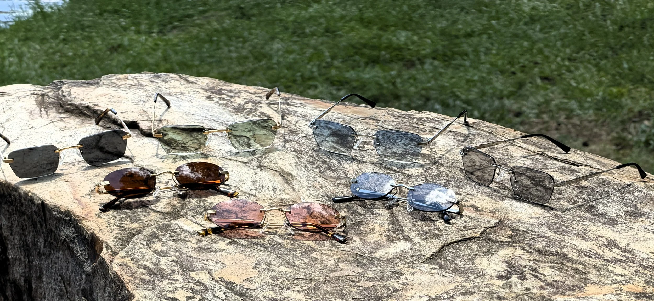 Multiple pairs of sunglasses with different frame styles and lens colors arranged on a rough tree stump outside, with grass in the background.