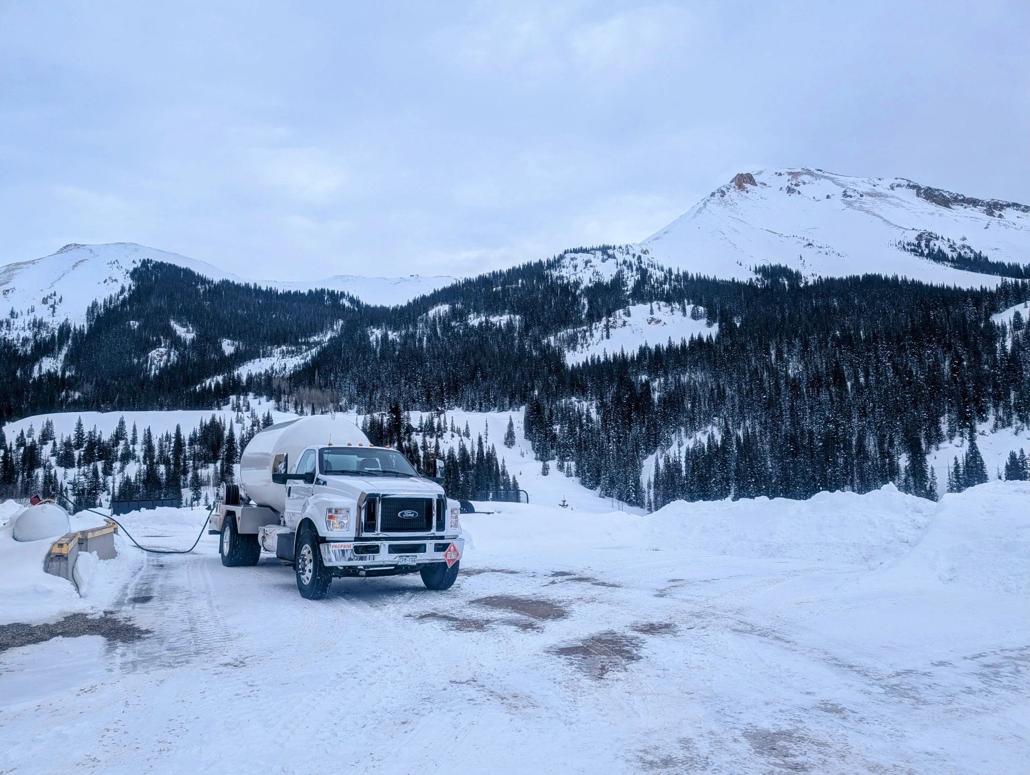 Snow-covered mountain landscape with a cloudy sky, dense pine trees on the slopes, and a parked white truck in the foreground at a snowy base.