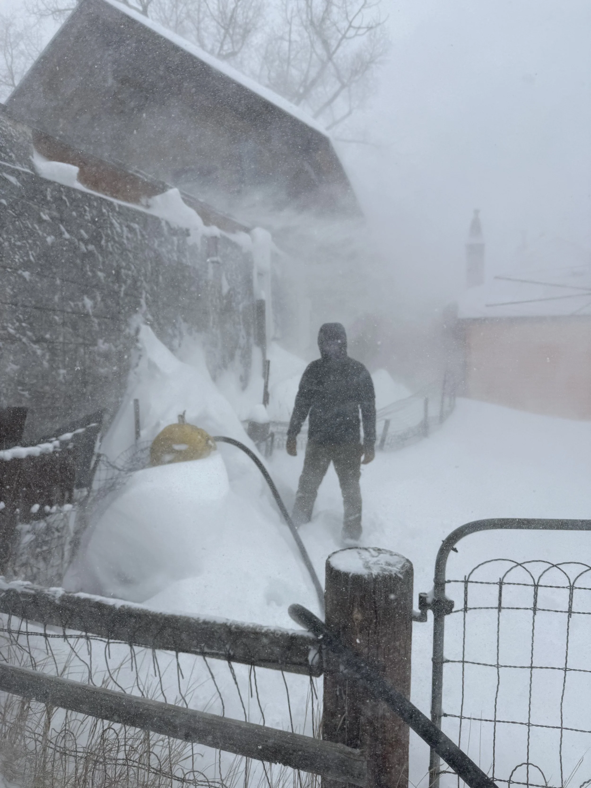 A snow-covered outdoor area viewed through a window with snow and fog, showing a person walking away in winter clothing, a fence, and snow piled up around structures.