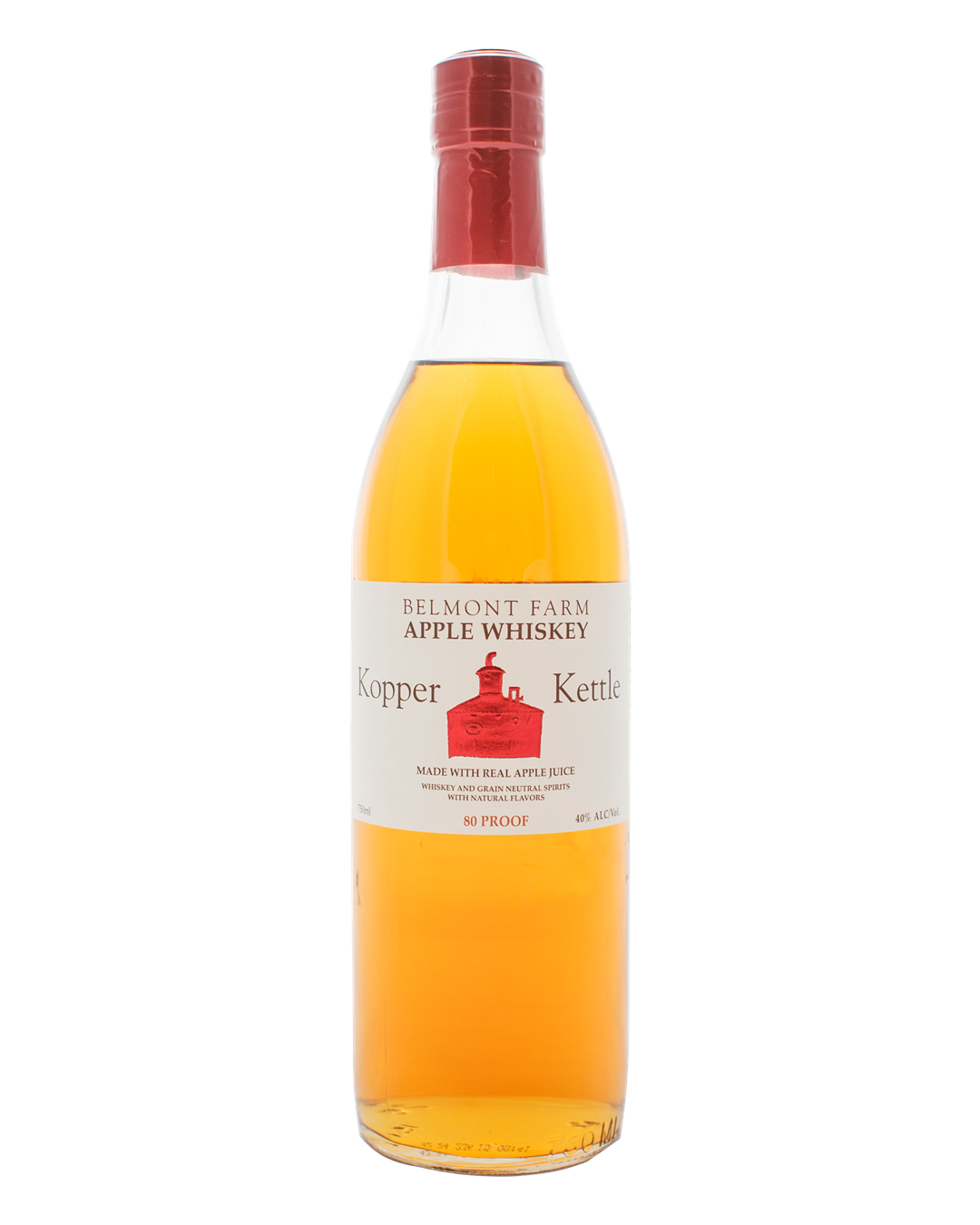 A bottle of Belmont Farm Apple Whiskey with a red cap and label, showing apple-themed branding and alcohol content.