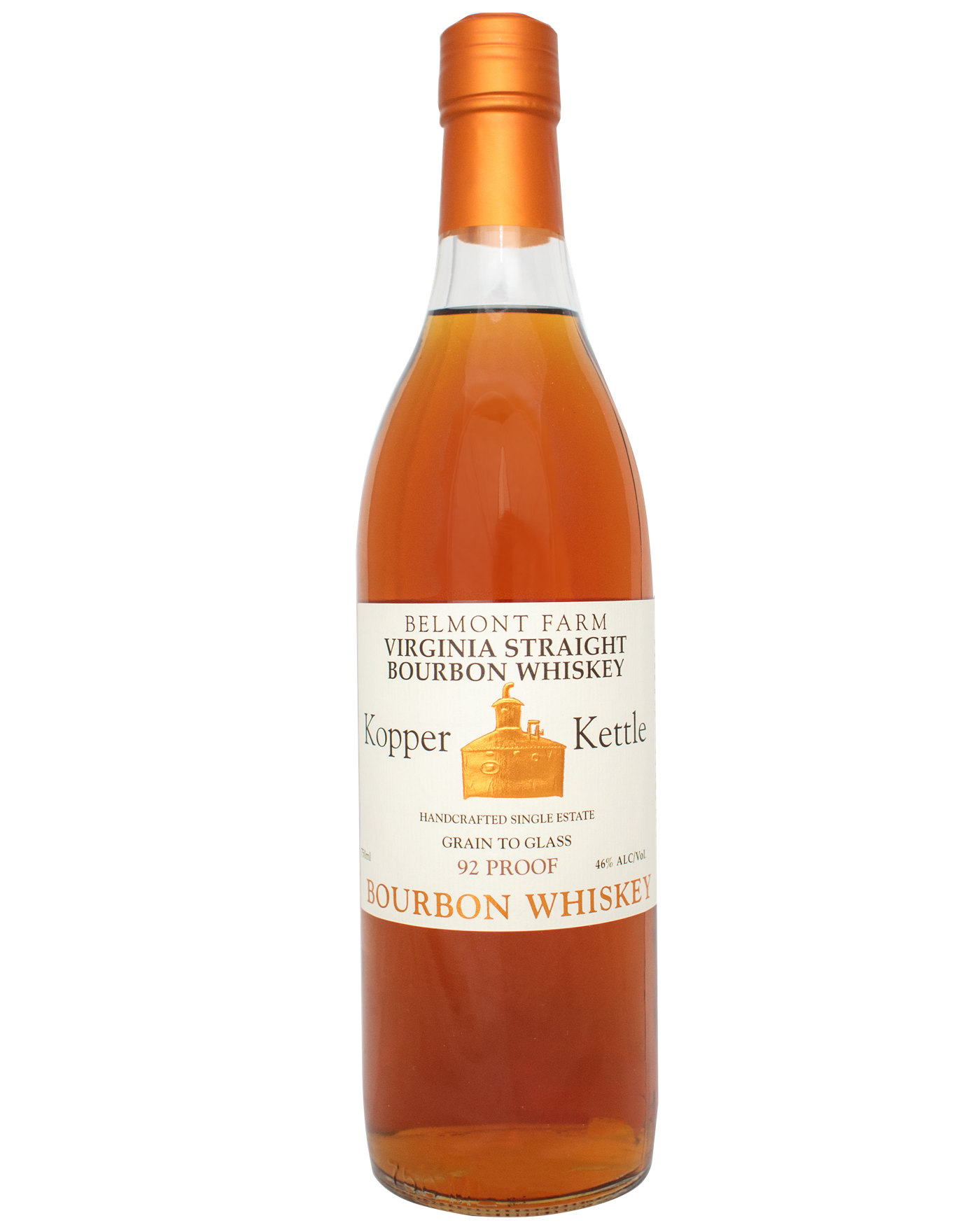 Bottle of Belmont Farm Virginia Straight Bourbon Whiskey with a white label, orange cap, and amber-colored whiskey inside.