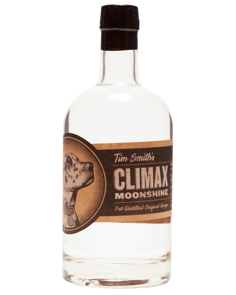 Clear bottle with a black cap, labeled "Tim Smith's Climax Moonshine" featuring a bear illustration and text indicating it's pot-distilled with an original recipe.