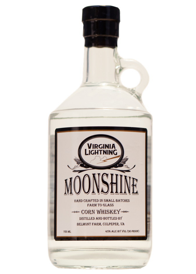 A clear bottle of Virginia Lightning Moonshine with a black cap and a white label that reads 'Moonshine', 'Corn Whiskey', and 'Distilled and Bottled by Belmont Farm, Culpeper, VA'.