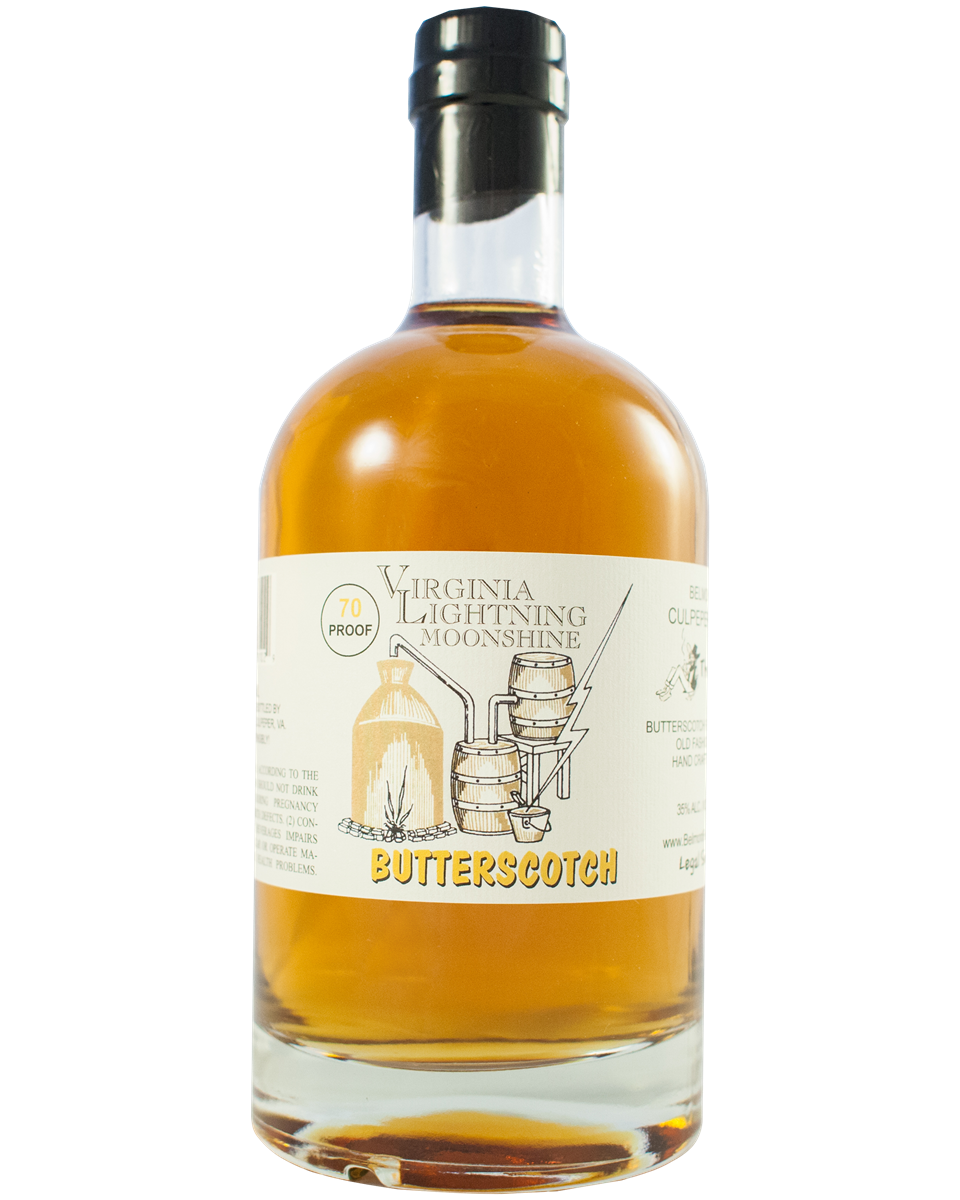A bottle of Virginia Lightning Moonshine Butterscotch with a label featuring barrels and a lightning bolt.