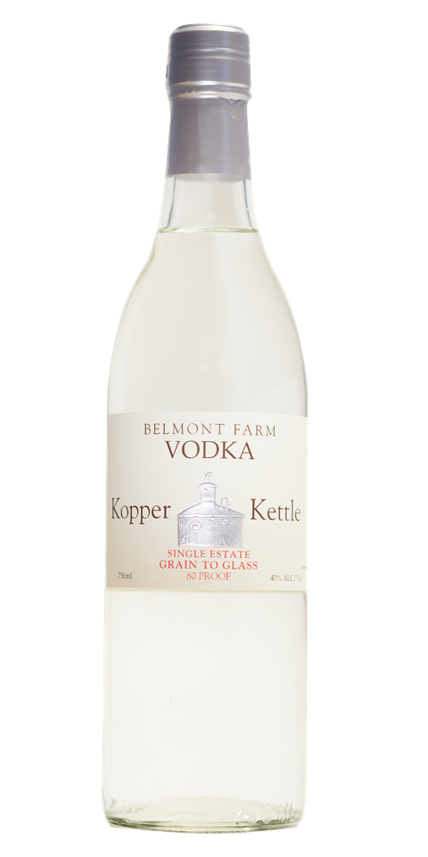 A clear glass bottle of Belmont Farm vodka with a silver cap and a white label. The label indicates it is single estate, grain to glass, 80 proof, 40% alcohol by volume.