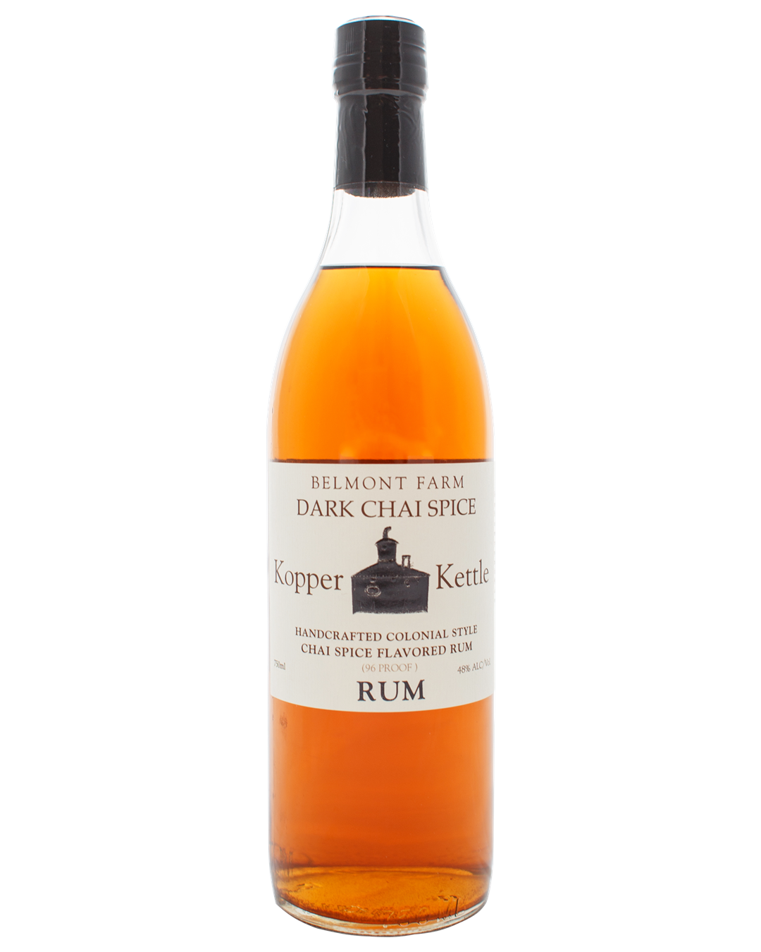 Bottle of Belmont Farm Dark Chai Spice Rum with a white label and black text, featuring an illustration of a copper kettle.
