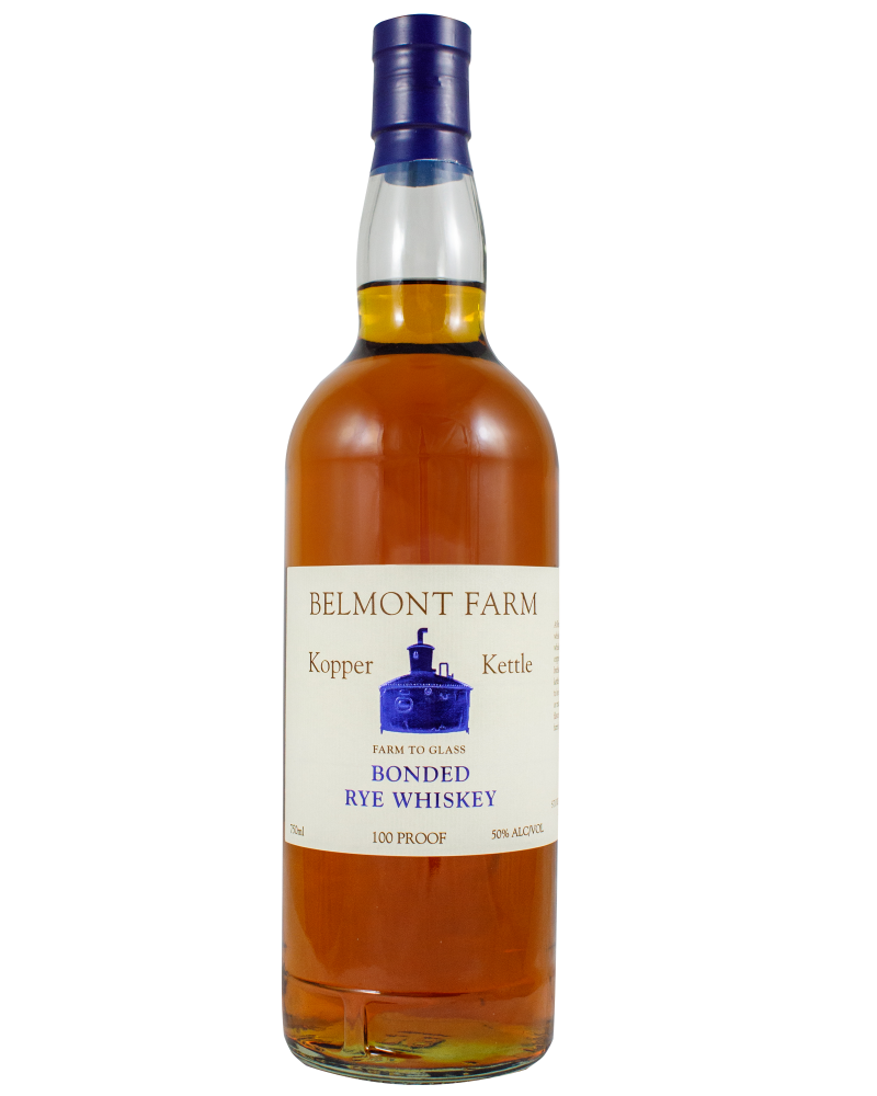 A bottle of Belmont Farm bonded rye whiskey with a white label featuring a blue illustration of a kettle and text indicating it is 100 proof and 50% alcohol by volume.