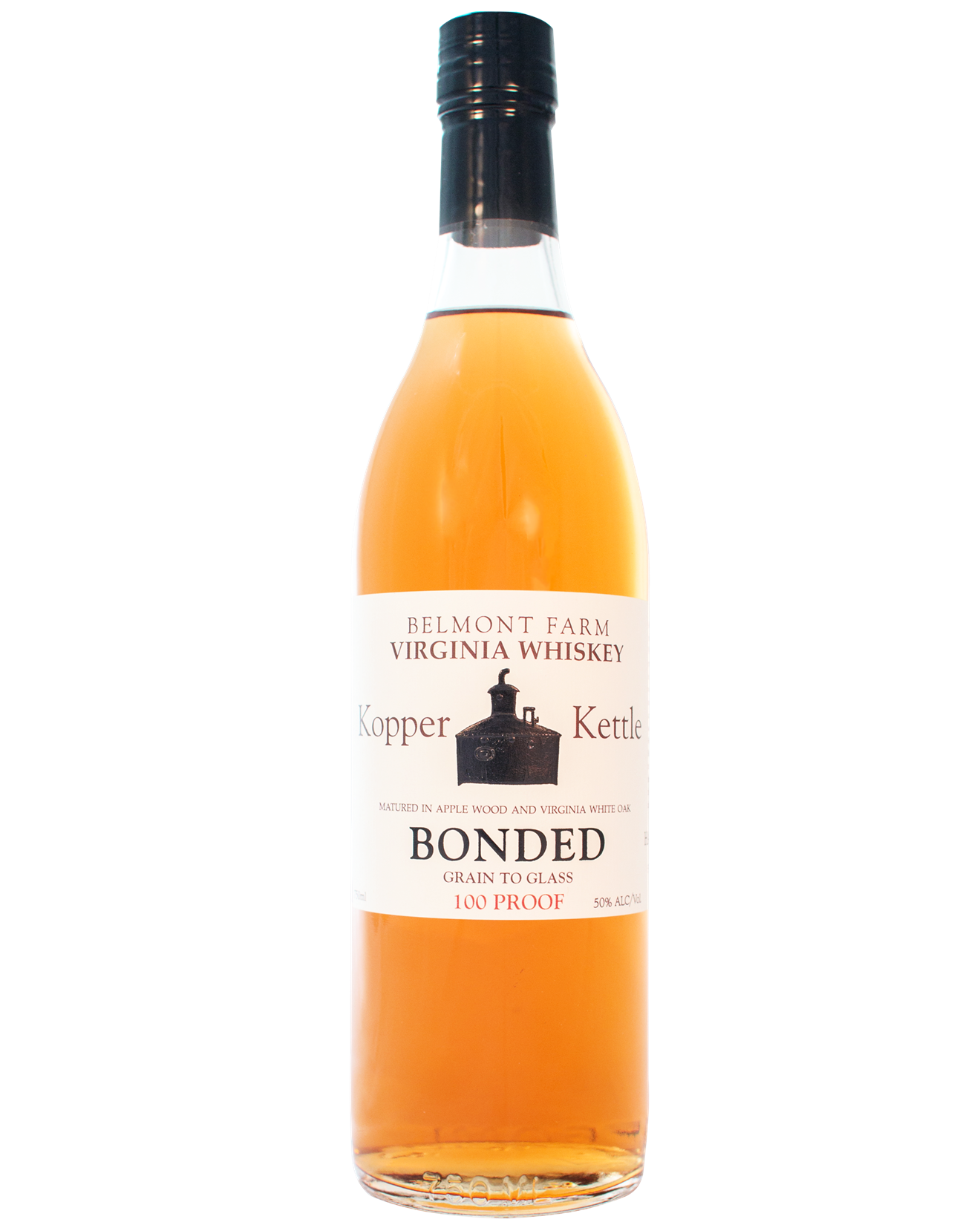 A tall clear bottle of Bonded Virginia whiskey with a white label that has black and red text and an image of a black kettle, containing amber-colored whiskey.