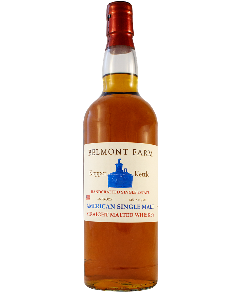 Bottle of Belmont Farm American single malt straight malted whiskey with a red wax seal on the cap and a white label featuring blue and red text and a blue kettle illustration.