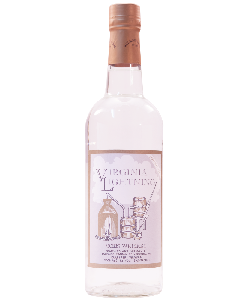 A clear glass bottle of Virginia Lightning corn whiskey with a brown foil cap and a beige label featuring illustrations of barrels and a distillery, with text indicating it is distilled and bottled by Belmont Farms of Virginia.