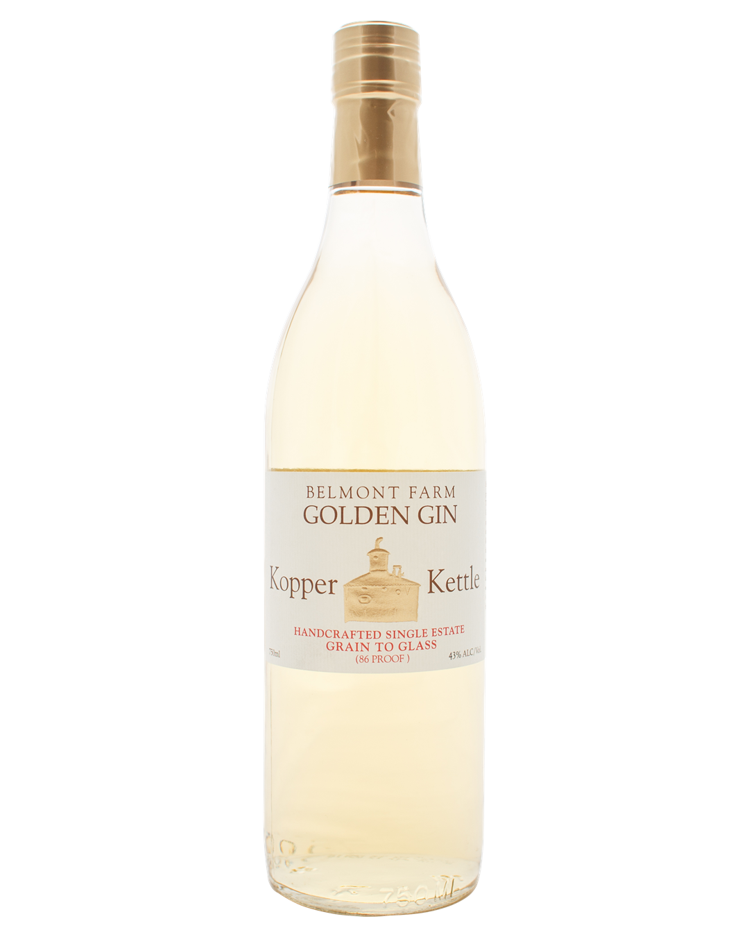 A bottle of Belmont Farm Golden Gin with a white label and gold cap, featuring an illustration of a copper kettle and text describing it as handcrafted single estate grain to glass gin
