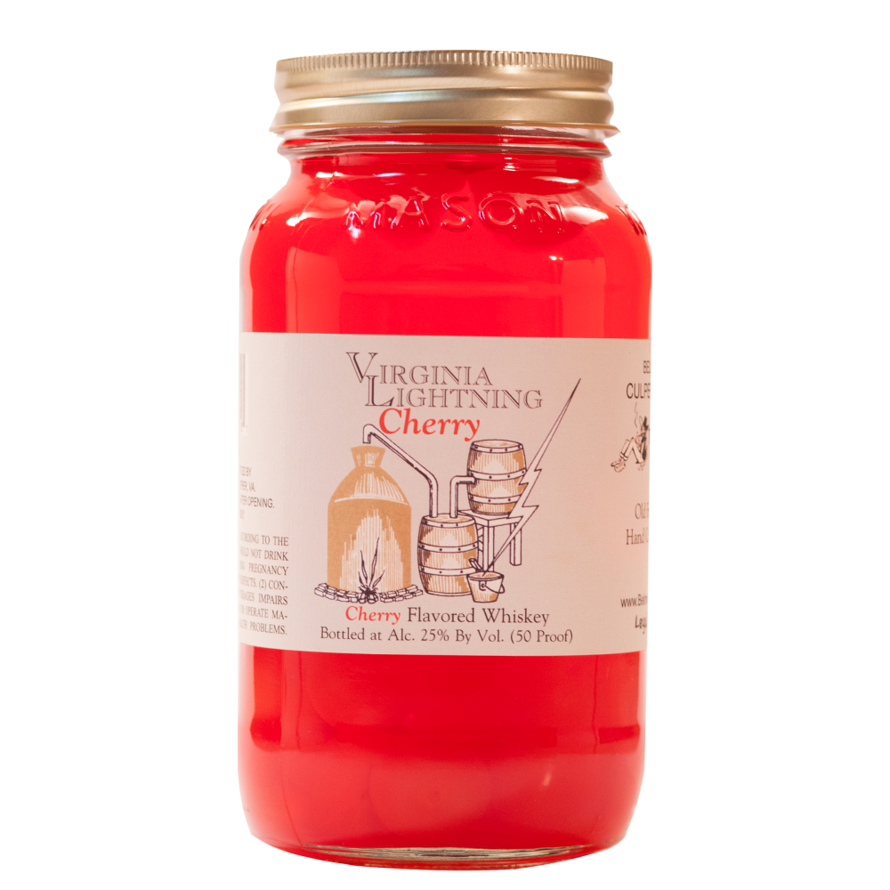 A jar of Virginia Lightning Cherry flavored whiskey with a white label and red liquid inside.