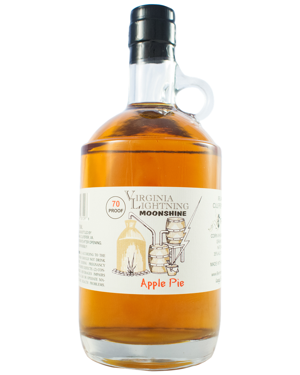 A bottle of Virginia Lightning Moonshine labeled "Apple Pie" with a proof of 70, featuring a sketch of apple pie and moonshine making equipment