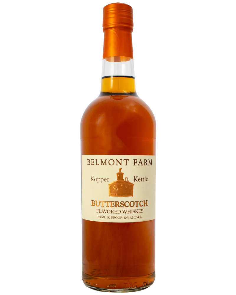 A bottle of Belmont Farm Butterscotch flavored whiskey with a white label and orange cap.