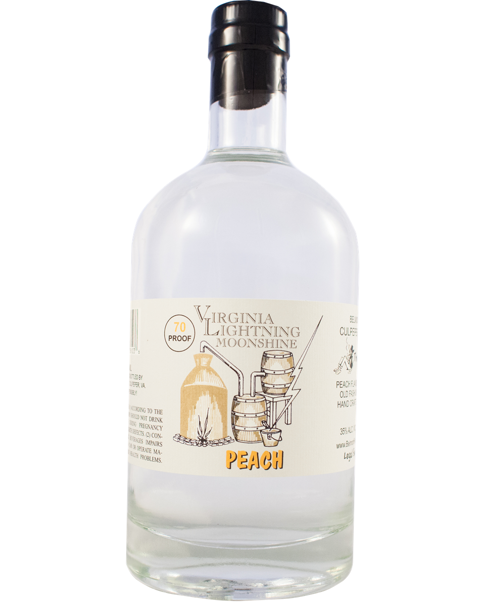 A clear glass bottle of Virginia Lightning Moonshine Peach flavored, 70 proof, with a white label featuring illustrations of barrels, a still, and fishing gear.