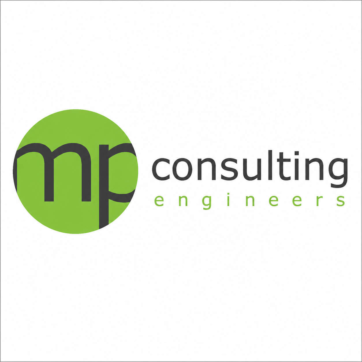 Logo for MP Consulting Engineers featuring a green circle with 'mp' in lowercase black letters, with the words 'consulting engineers' in black and green text beside it.