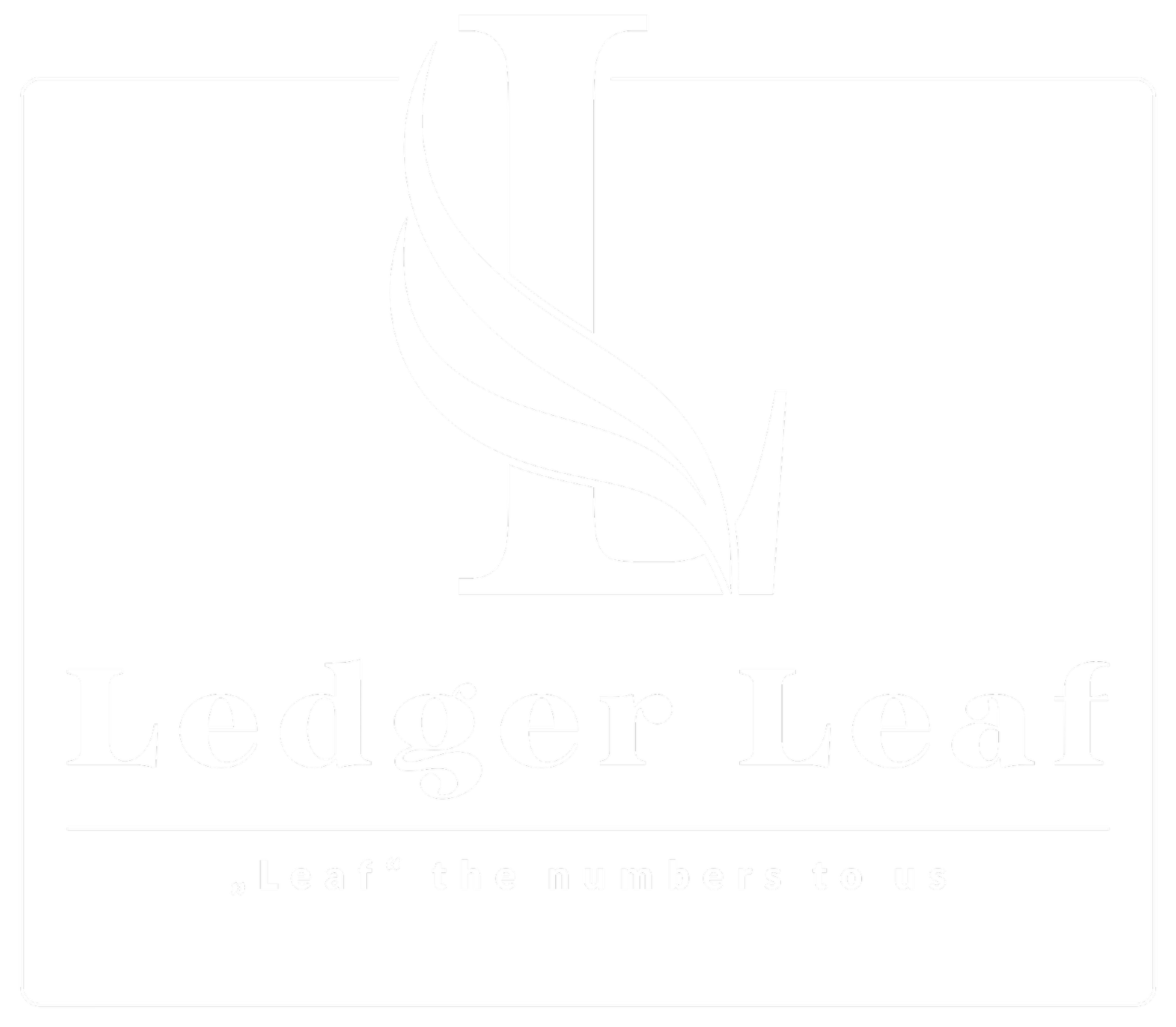 Black and white logo with a large serif letter 'L' and a leaf design intertwined. The text below reads 'Ledger Leaf' with a tagline 'Leaf' the numbers to us.