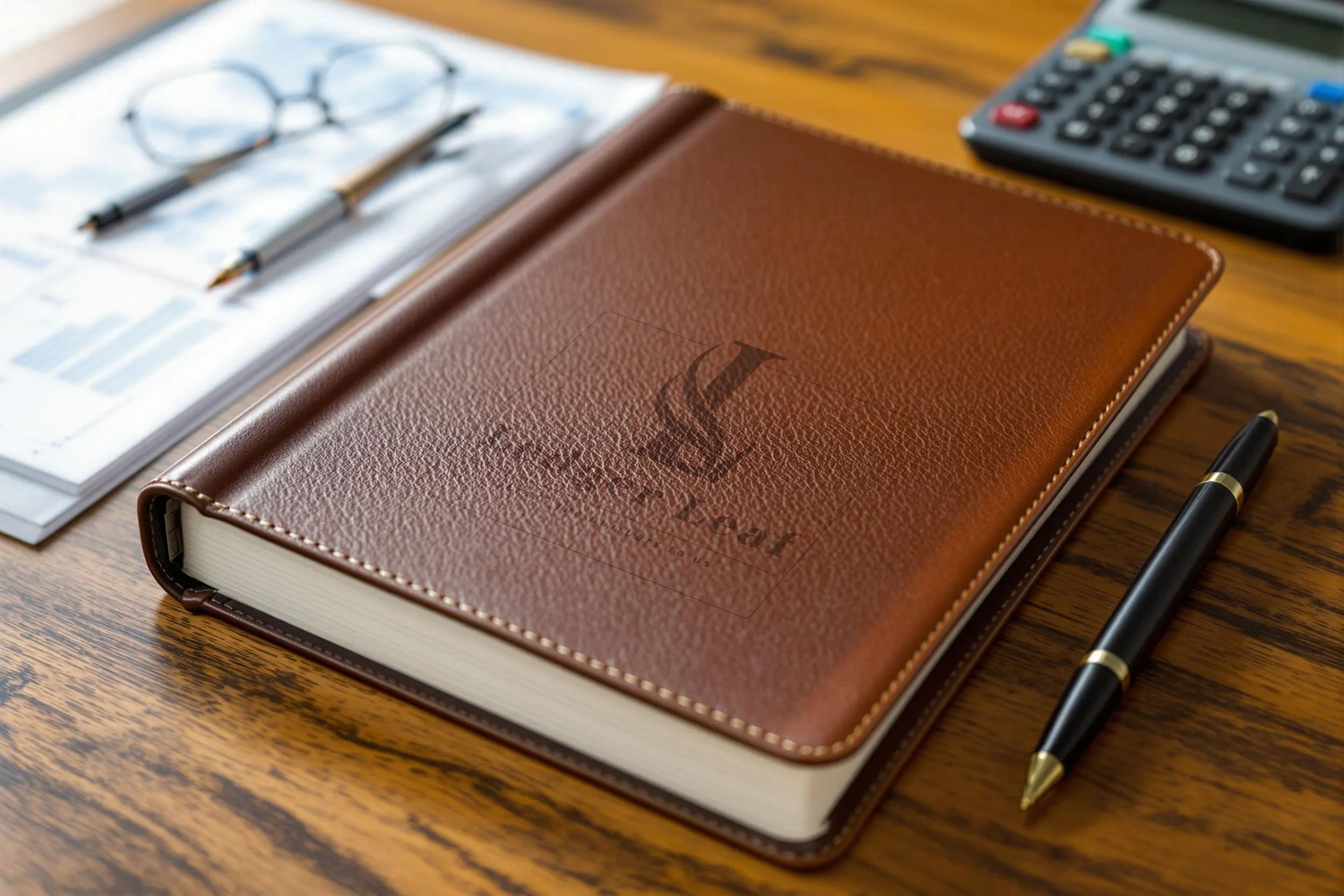A brown leather-bound planner on a wooden desk with a black and gold pen, a calculator, a pair of glasses, and printed papers.