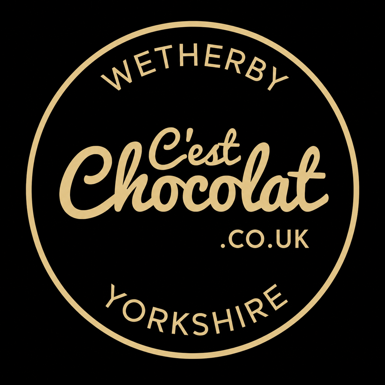 Logo for C'est Chocolat, a chocolate company in Yorkshire, UK, with black background and cream text.