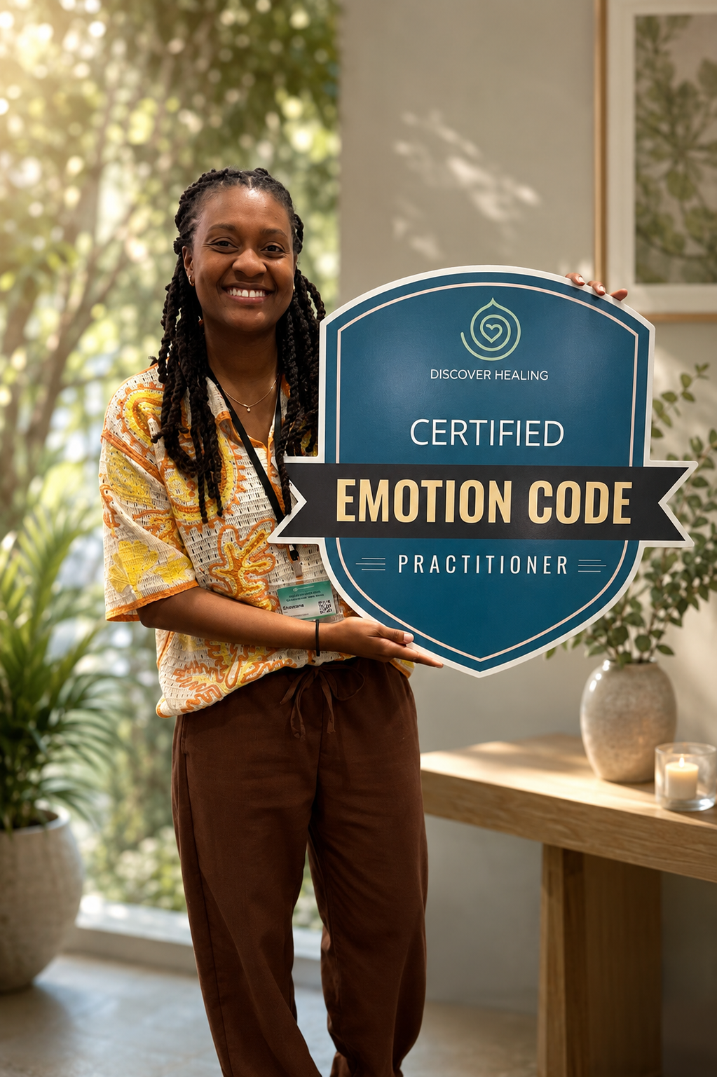 Dr. Shavonne holding her Certified Emotion Code Practitioner certificate after completing training.