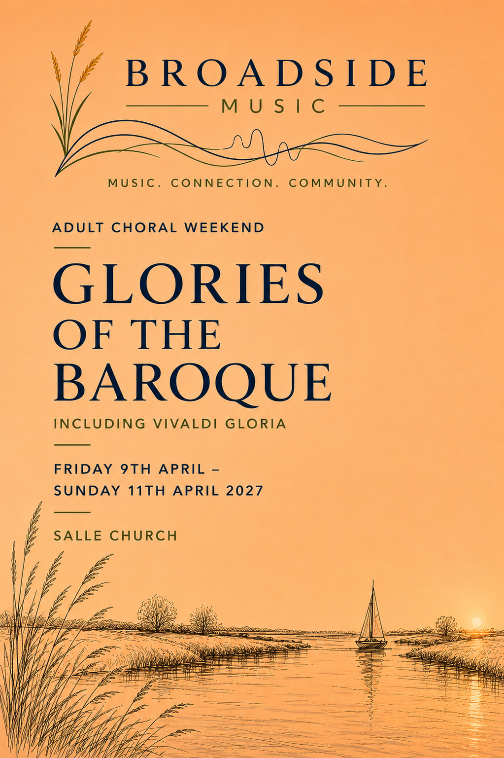 Poster for Broadsides Music featuring 'Glories of the Baroque' including Vivaldi Gloria, scheduled from April 9 to April 11, 2027, at Salle Church, with illustrations of a landscape, sailboat, and wheat stalks.