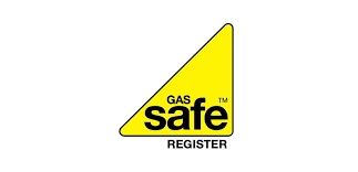 Yellow triangular gas safety label with black text reading "Gas Safe Register"