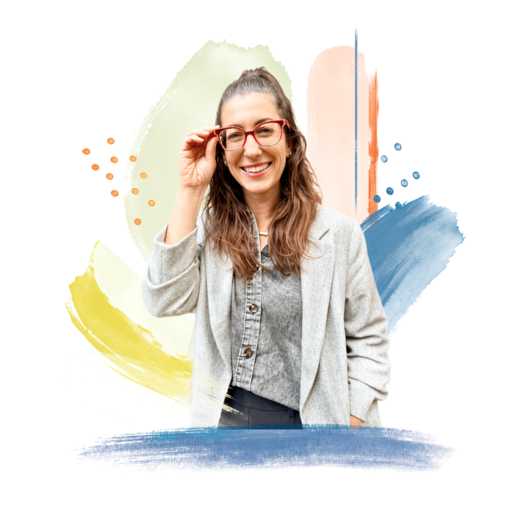 Smiling woman with red glasses adjusting her glasses, standing in front of colorful abstract background.
