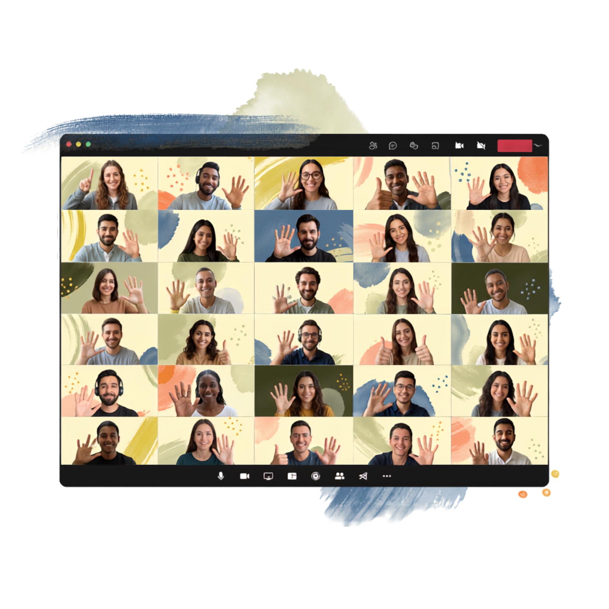 A computer screen displaying a virtual meeting with multiple diverse participants, each holding up their hand and smiling, with abstract colorful background art.