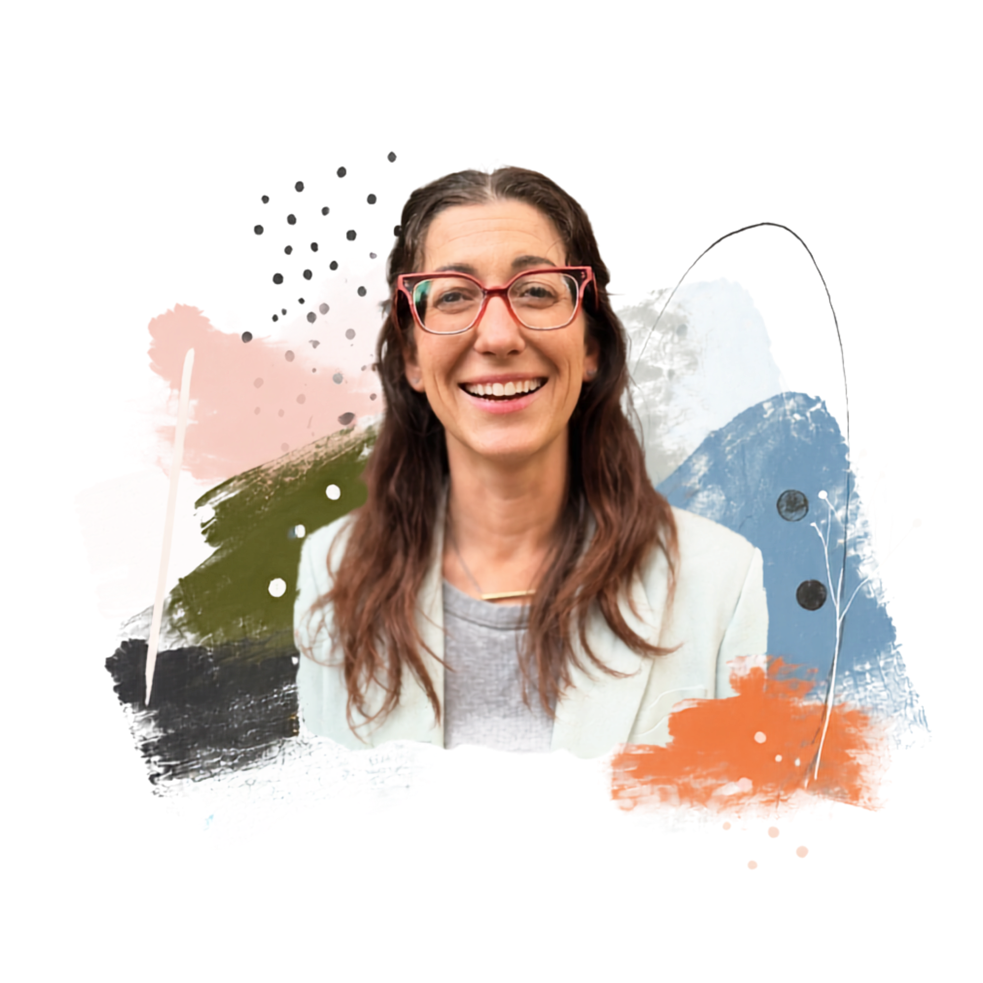 Smiling woman with glasses against a colorful painted background.