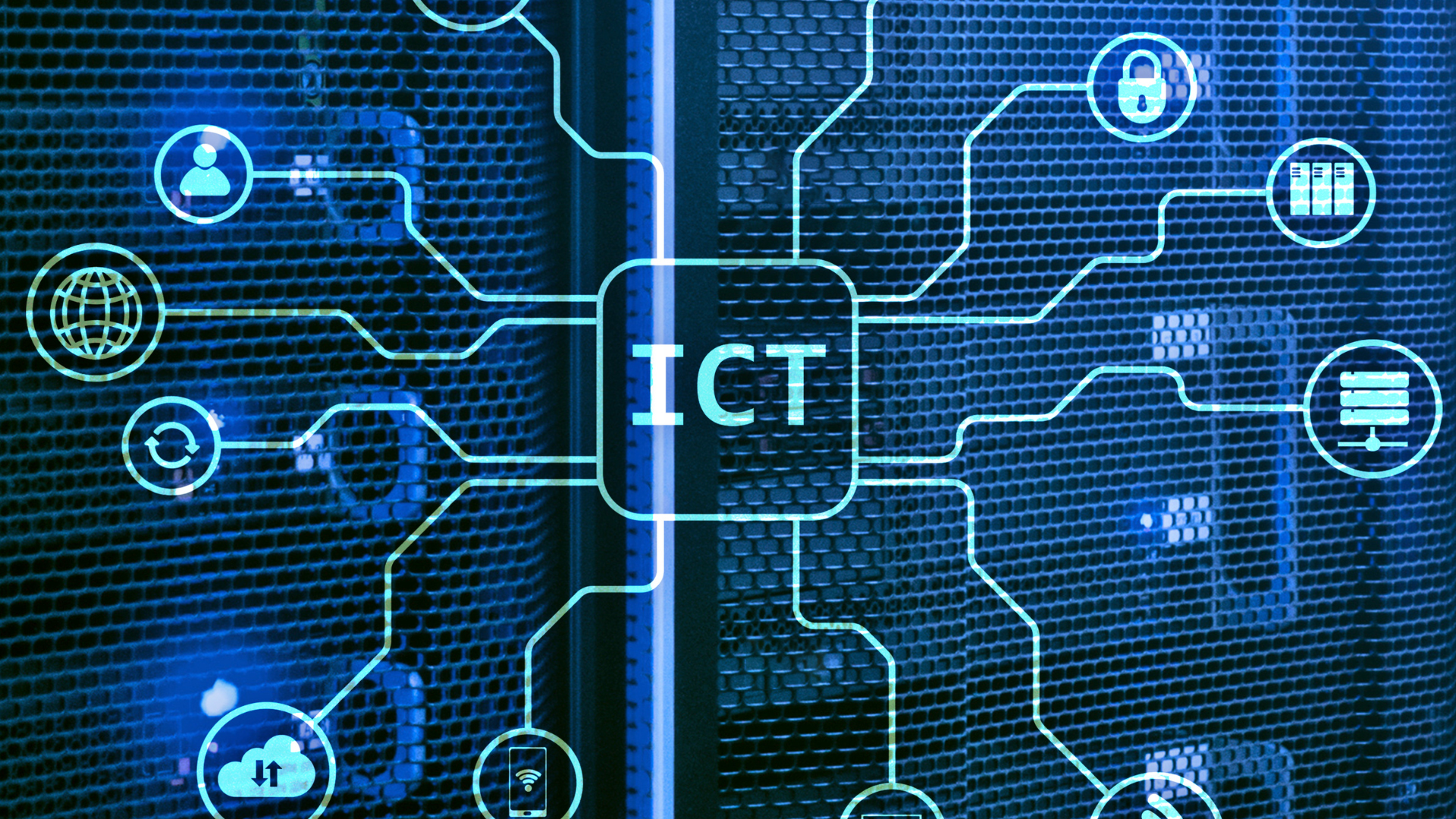 Digital illustration of a server or data center wall with glowing icons representing ICT (Information and Communications Technology), including a globe, user, gear, cloud, Wi-Fi, lock, and files connected by lines.