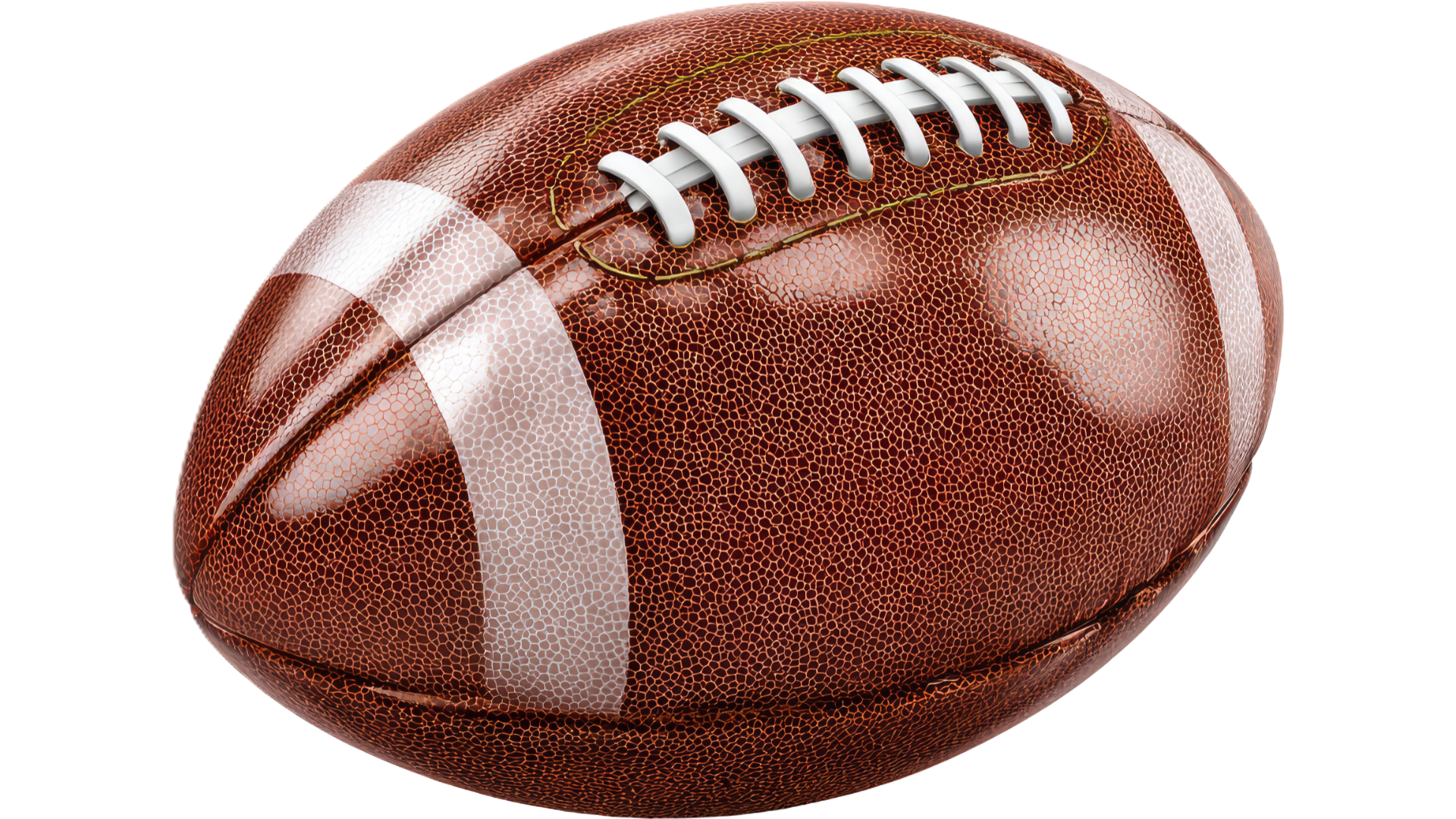 Close-up of an American football with white laces and textured brown leather surface.