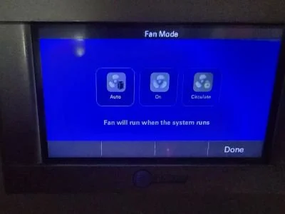 A smart thermostat showing the Auto, Circulate and On selections, allowing you to chose and then hit done to go back to the main screen
