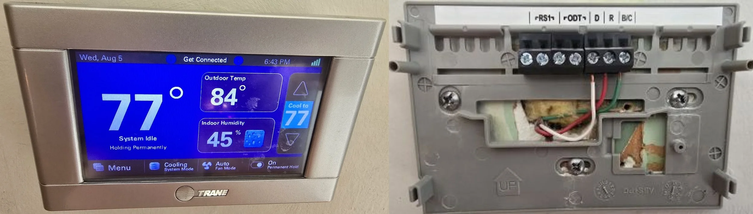 Trane  communicating thermostat showing indoor temperature, outdoor temperature and humidity beside its base showing only 3 wires