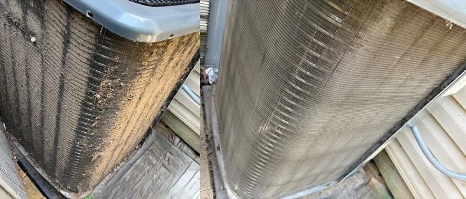 A dirty outdoor coil on the left and the same coil clean on right side