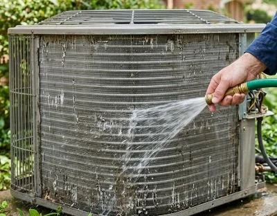 A person gentle rinsing an outdoor unit with a water hose.