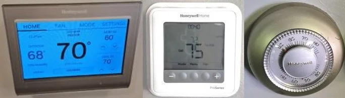 A smart thermostat by a programmable/basic digital thermostat and an old dial thermostat side by side